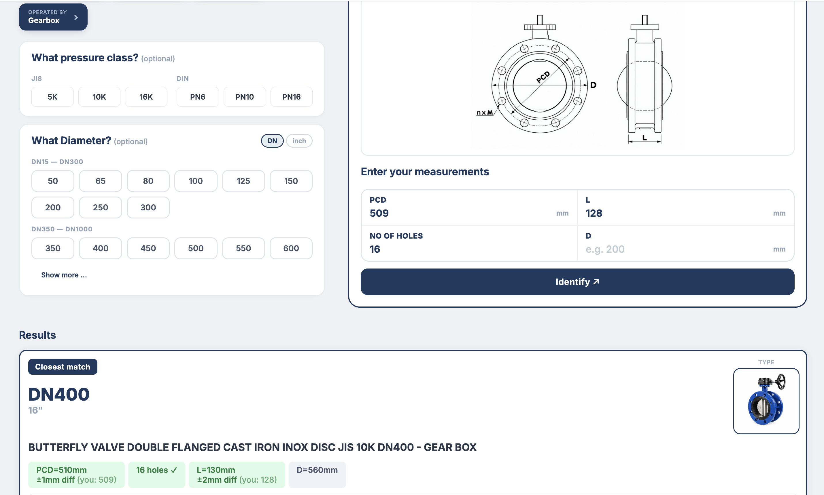 Valfind Identifier screen