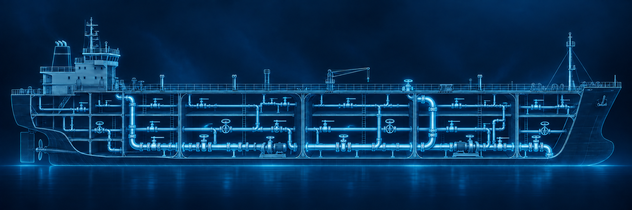 Cross-section of a ship showing its pipe systems and valves